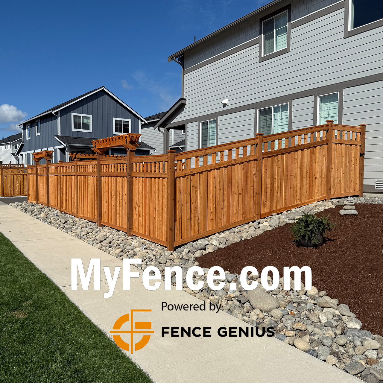 Board on board corner fence installation with craftsman style top