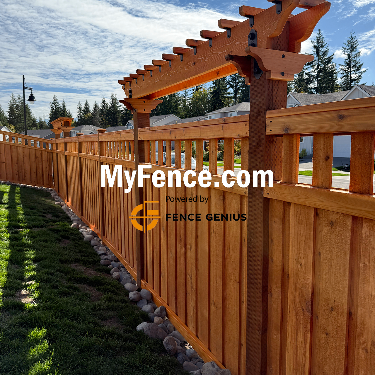 Craftsman style board on board fence with decorative pergola