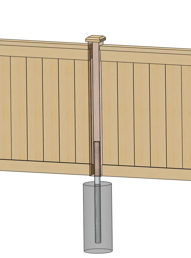 Post on Pipe fence post cross-section showing galvanized steel pipe foundation and wood post