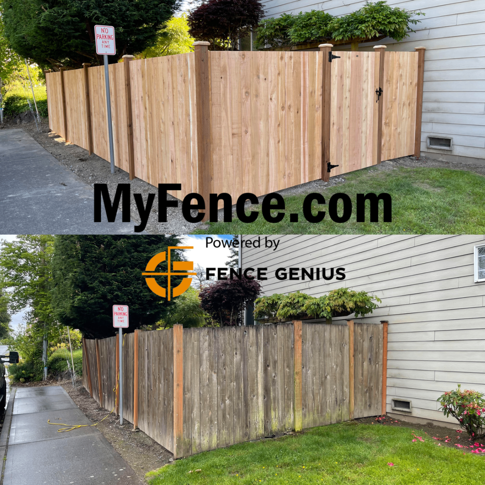 Before and after comparison showing weathered fence replacement with new solid board fence