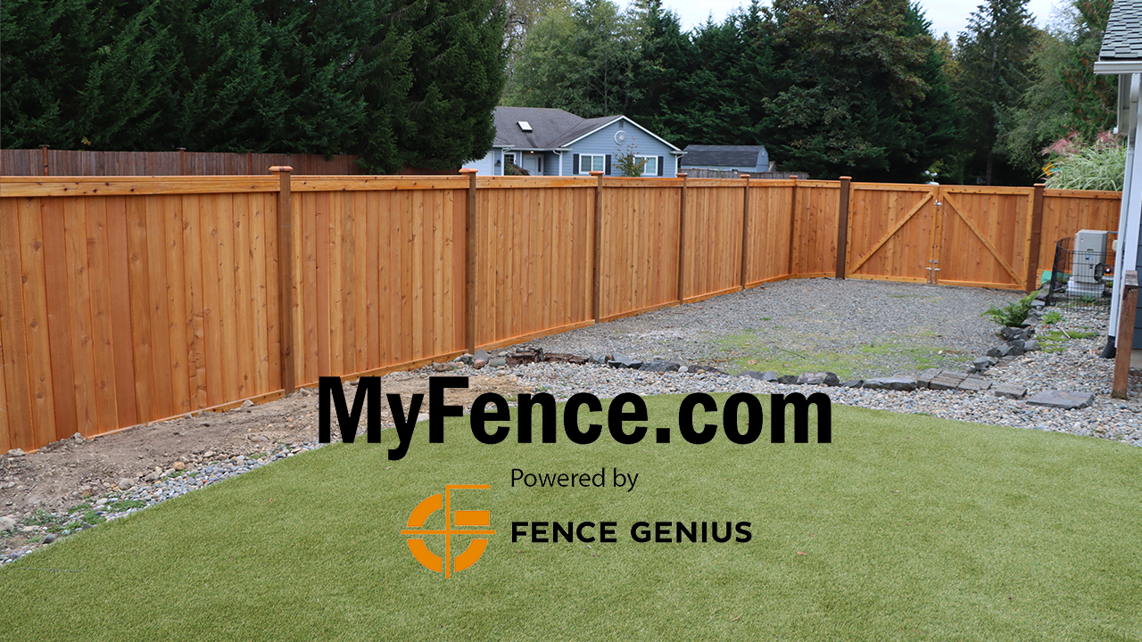 Wide view of picture frame cedar fence and double gate