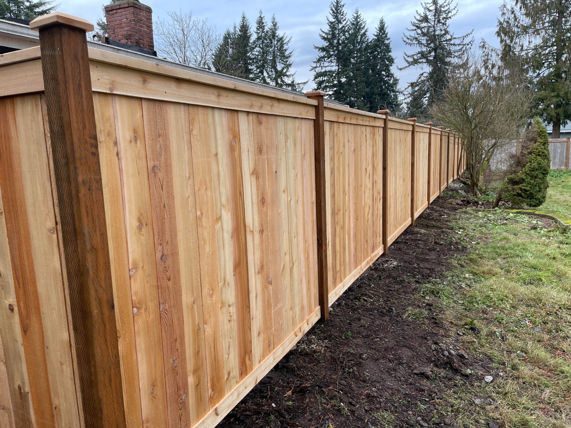 Picture frame fence along backyard with cap and trim