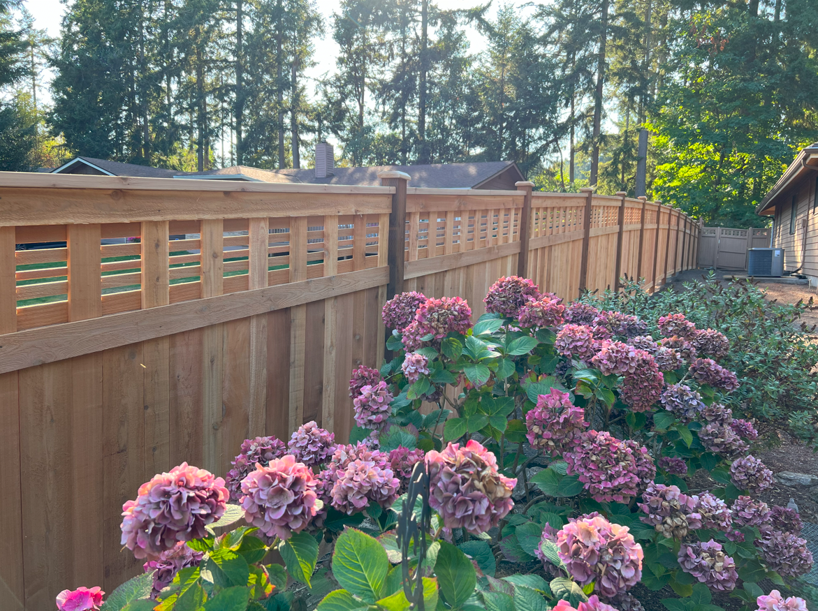 Horizontal lattice fence with landscaping showing professional installation