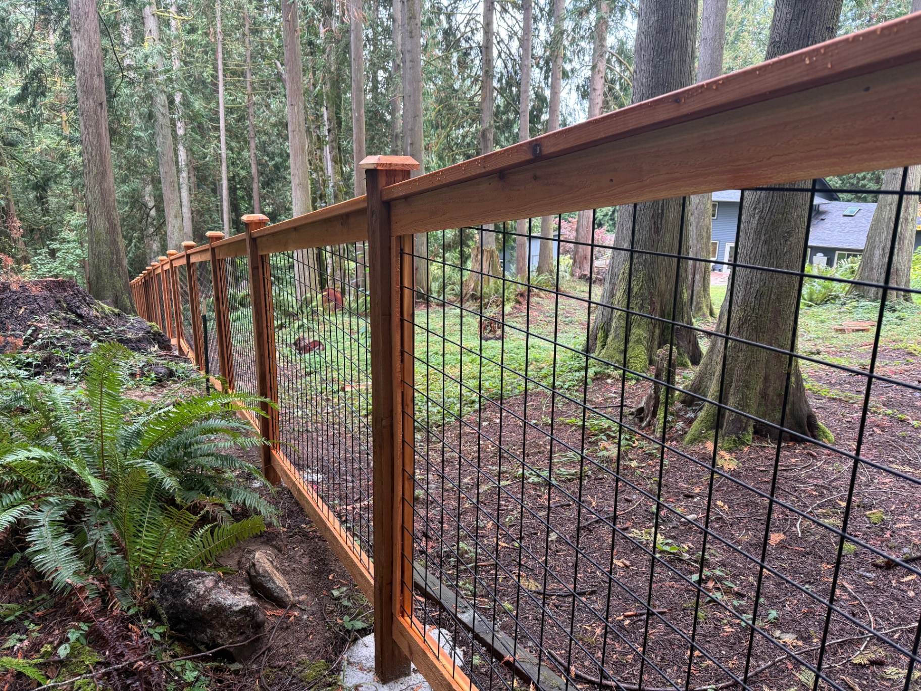 Black hogwire fence on sloped terrain with cedar posts and top rail