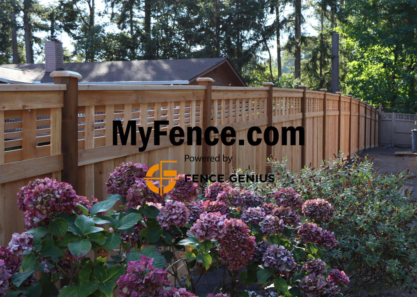Beautiful horizontal lattice fence with hydrangeas and MyFence.com branding