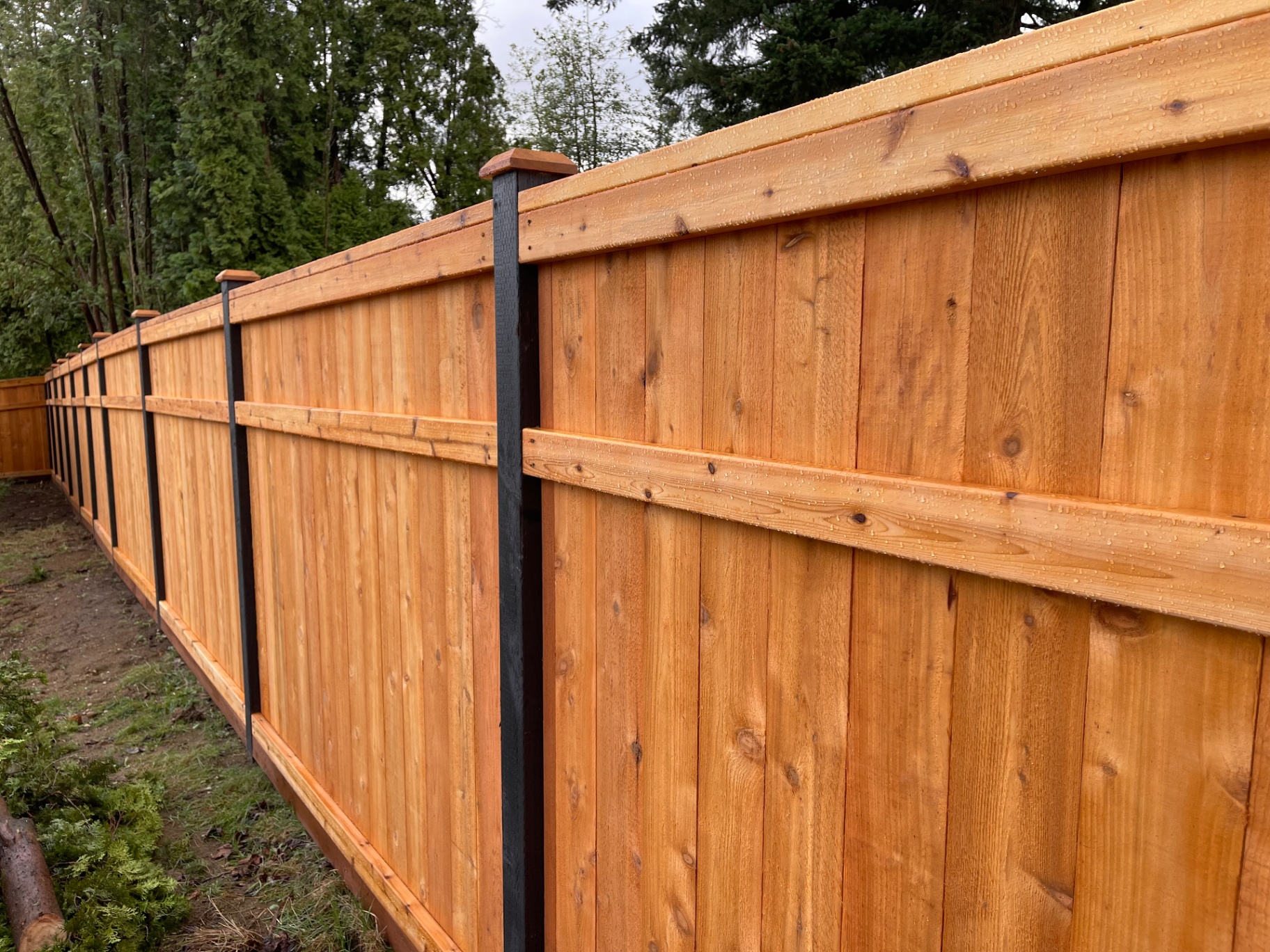 Long run of cedar 3-rail picture frame fence in Seattle