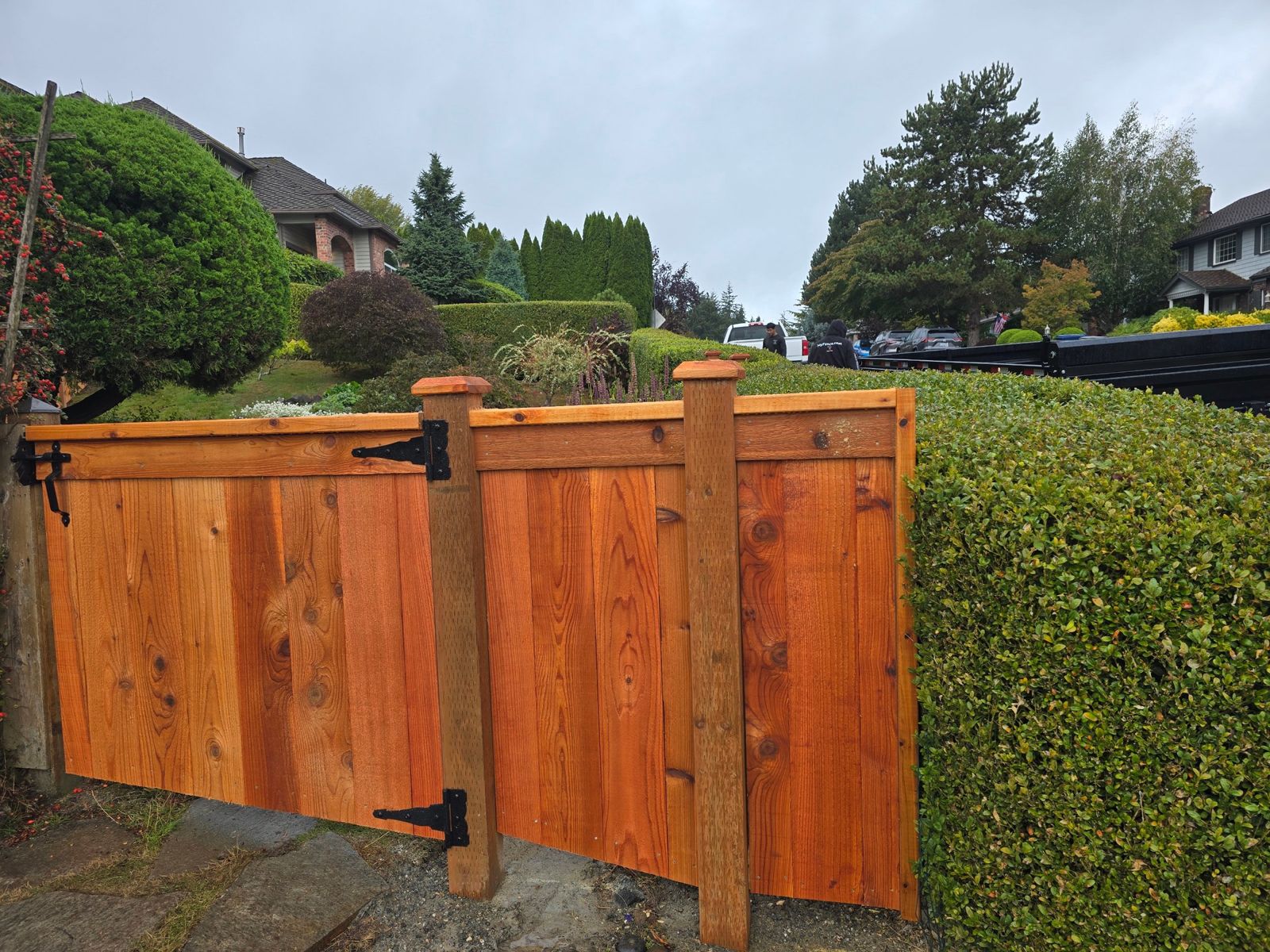 Modified cedar picture frame privacy fence with gate installed in Federal Way, WA, photo 02