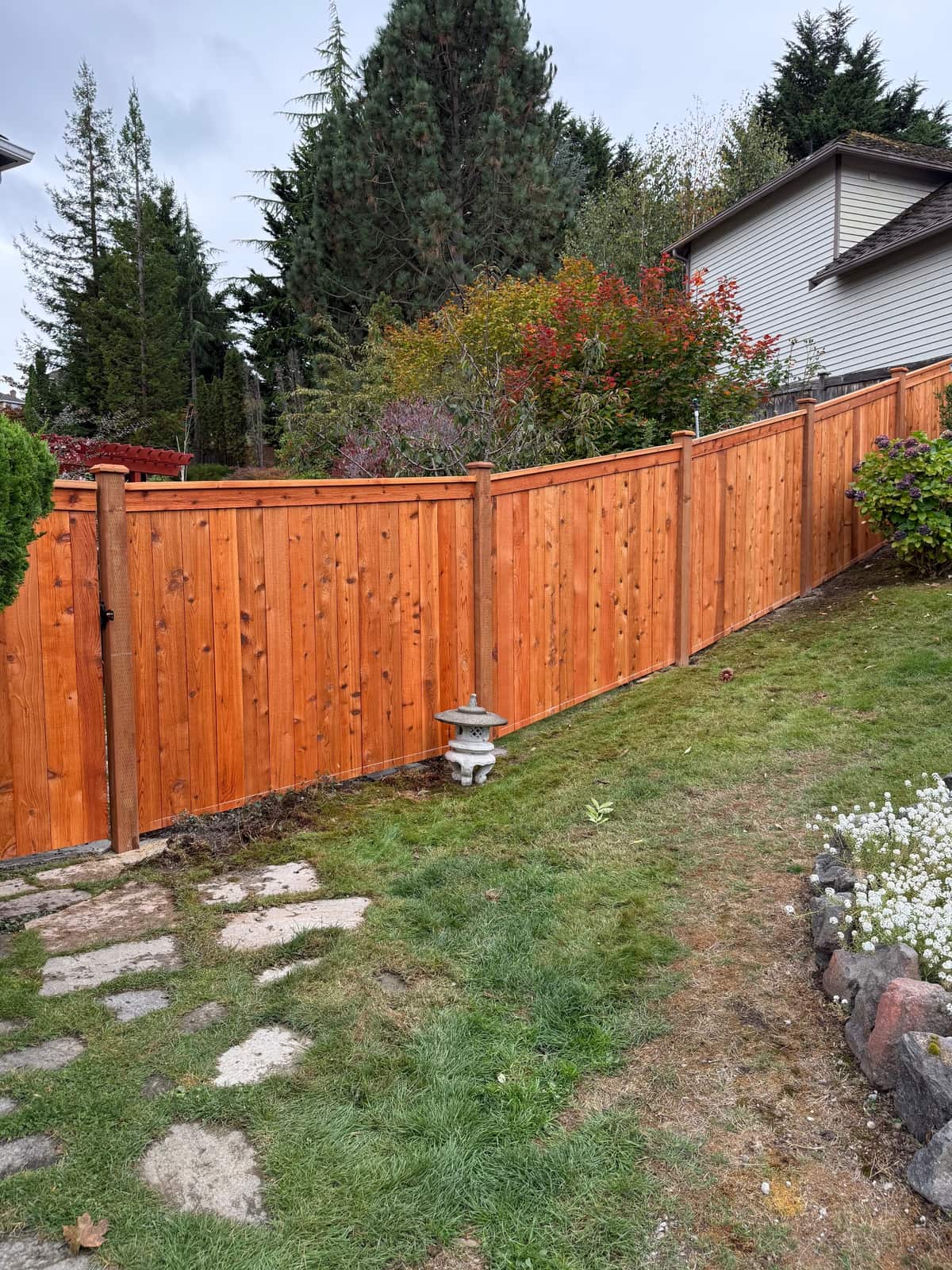 Cedar modified picture frame fence along a lawn in Federal Way, WA