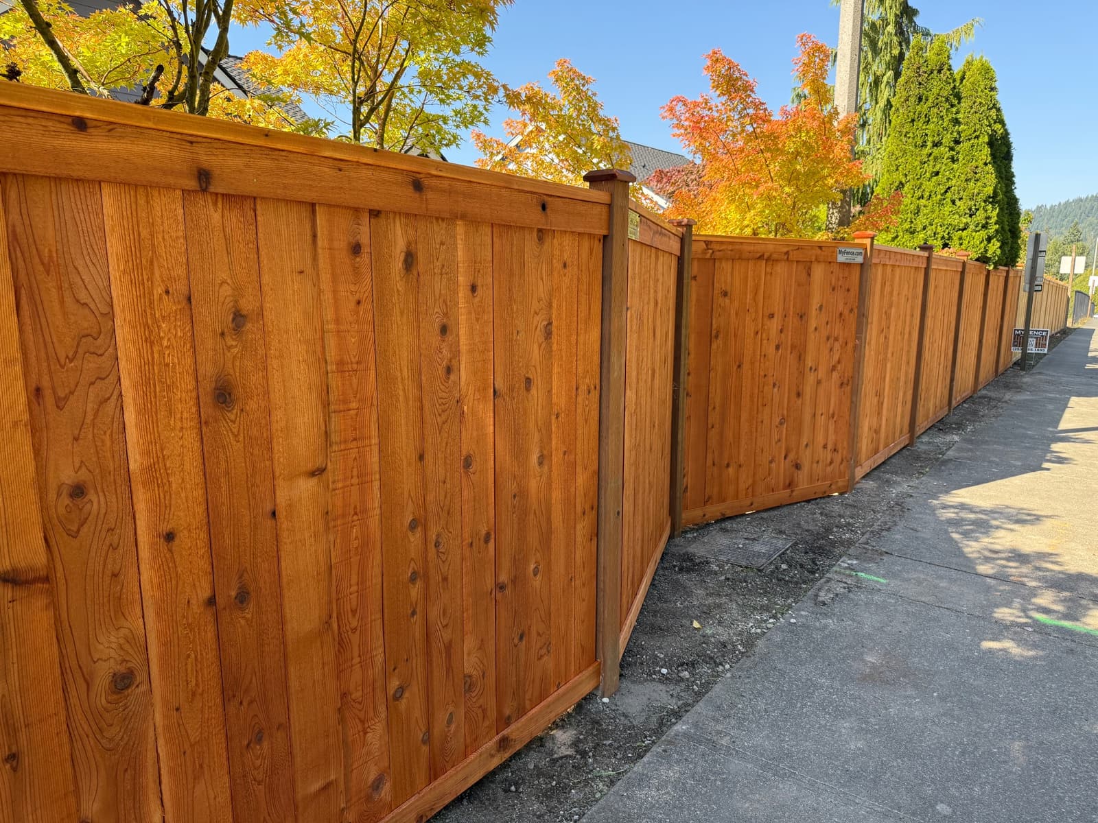 Penofin stained cedar picture frame fence along a driveway in Renton, WA